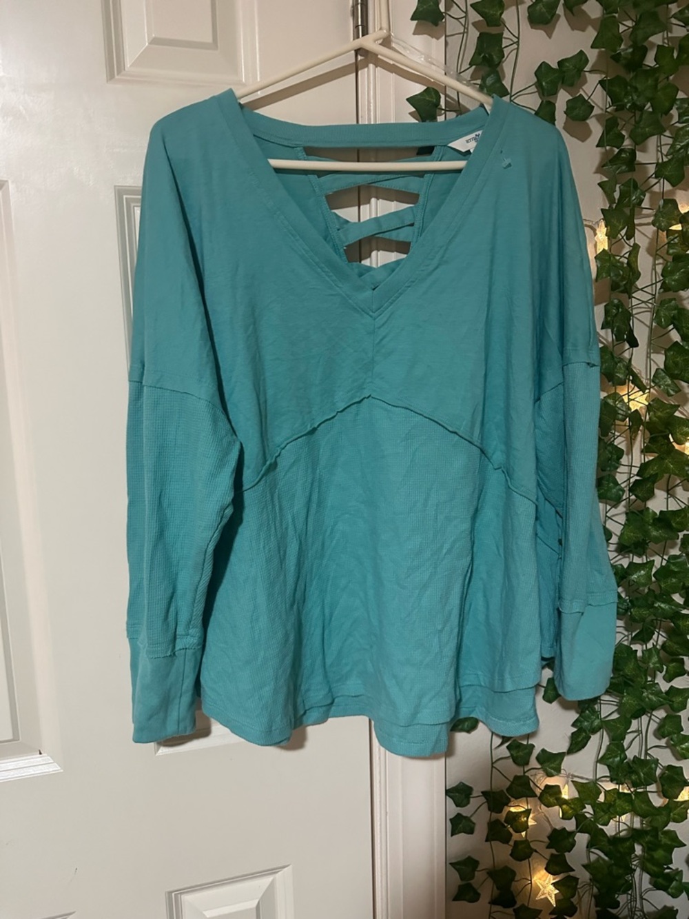 Terra & Sky Teal V-Neck Long Sleeve Top with Back Strap Detail